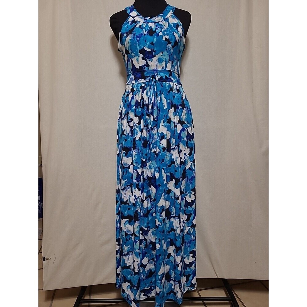 Calvin Klein Maxi Dress Womens 4 Multicolor Tie Waist Halter Neck Side Slits